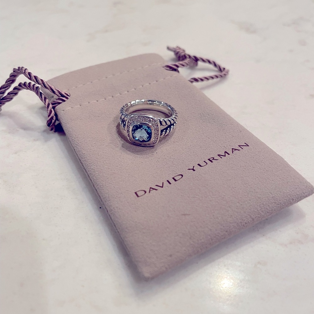 David Yurman Petite Albion Ring with Blue Topaz and Diamonds - size 6